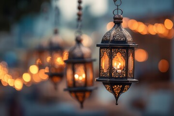 Obraz premium Decorative lanterns hanging against a blurred bokeh background, symbolizing festivity and warmth.