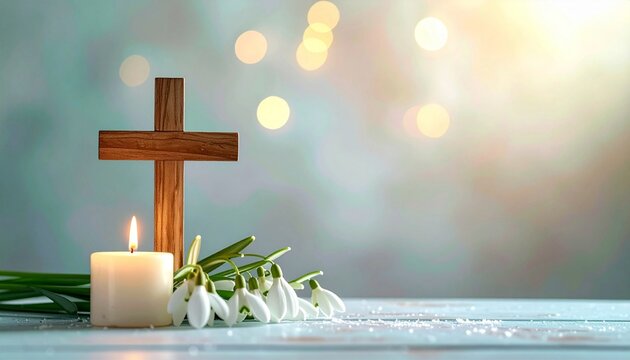 Wooden cross, snowdrops flowers and candles on table with abstract background.