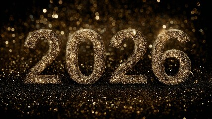 Shimmering 2026 golden numerals on glittery sparkling background for new year celebration and festive holiday greeting design