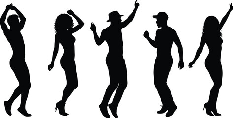 Silhouette of people dancing in various poses, modern party celebration illustration, energetic movement and music vibe, black and white vector design for creative artwork