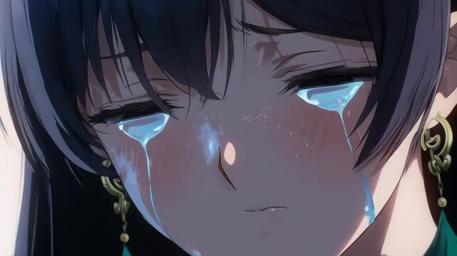 An emotional close-up of a crying anime girl, a tear expressing deep sadness and sorrow. Ideal for dramatic or melancholic themes in animation and design projects.