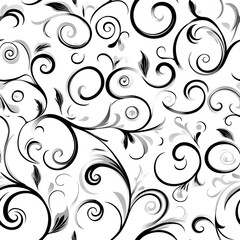 Seamless black and white swirl pattern with soft floral curves, ideal for wallpaper and fabric.