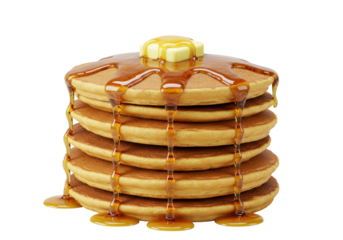 Isolated stack of fluffy pancakes with melting butter and maple syrup, golden brown color
