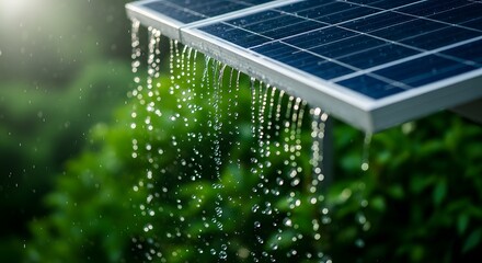 Solar Panel Module During Rain Producing Clean Energy For Eco Friendly Future Sustainable Powering Systems On Over Greenery Foliage
