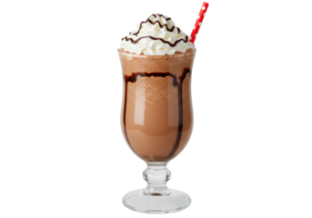 Isolated chocolate milkshake with whipped cream and straw for a delicious dessert treat