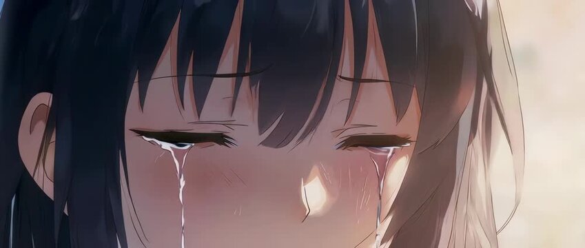 An emotional close-up of a crying anime girl, a tear expressing deep sadness and sorrow. Ideal for dramatic or melancholic themes in animation and design projects.