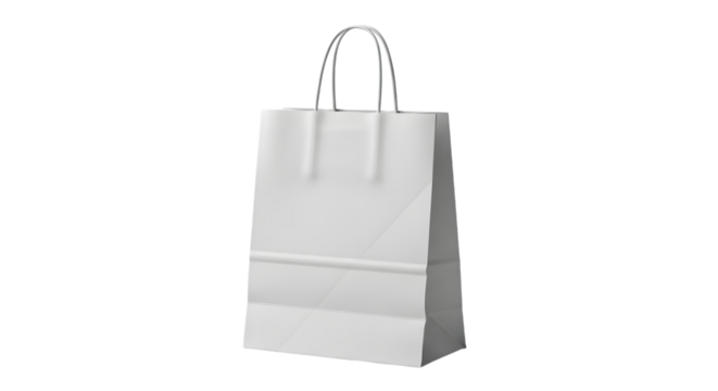 A single white paper shopping bag with twisted handles standing upright isolated on transparent background