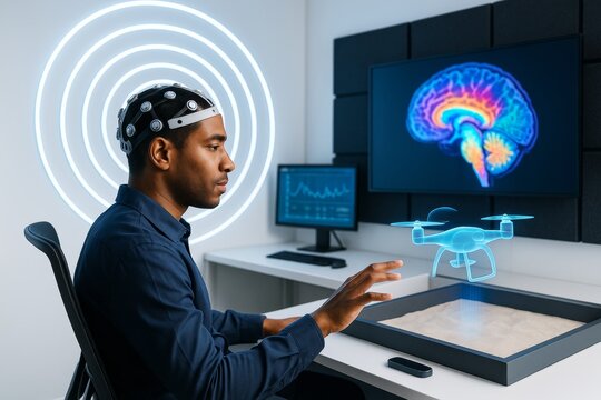 Man using brain-computer interface to control holographic drone with neural headset in futuristic lab setting with brain scan and neon light rings. Ai generative