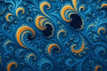 Abstract fractal pattern with swirling blue and orange elements forming intricate organic shapes on a dark background in a science-inspired style. Ai generative