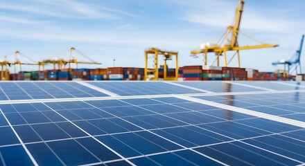 Solar Panels With Shipping Port Cranes In Background Eco Friendly Energy Renewable Power Clean Electricity Alternative Source Tech