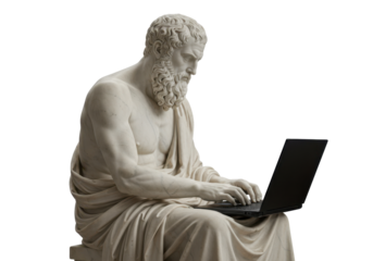 Isolated Greek Philosopher statue using a laptop modern technology thinking learning wisdom