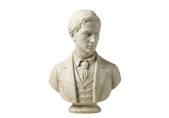 Isolated classical sculpture of a male bust with suit, antique portrait, vintage art style