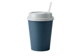 Isolated hot drink in a blue paper cup with straw, ready for travel, to-go, or take-away