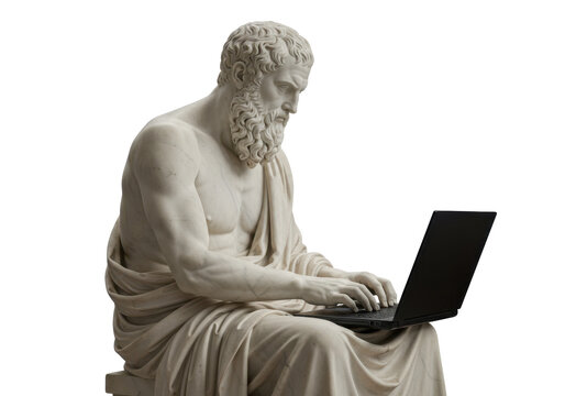 Isolated Greek Philosopher statue using a laptop modern technology thinking learning wisdom