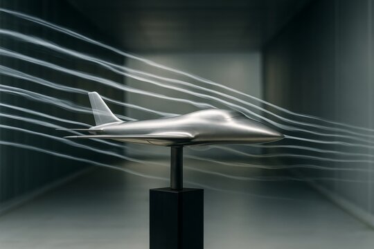 Futuristic aircraft model tested in wind tunnel with visible airflow lines showing aerodynamic science on a dark abstract background. Ai generative