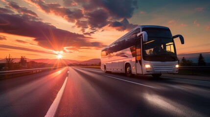 Tourist bus on highway at sunset