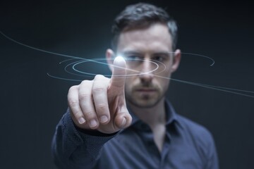 Man touching a digital interface with glowing lines futuristic technology concept modern interaction