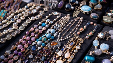 Assorted jewelry including necklaces, bracelets, and rings laid out on a black surface, showcasing various stones and metal designs.