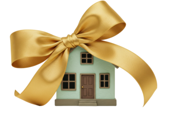 Isolated miniature house model tied with gold satin ribbon, real estate market concept