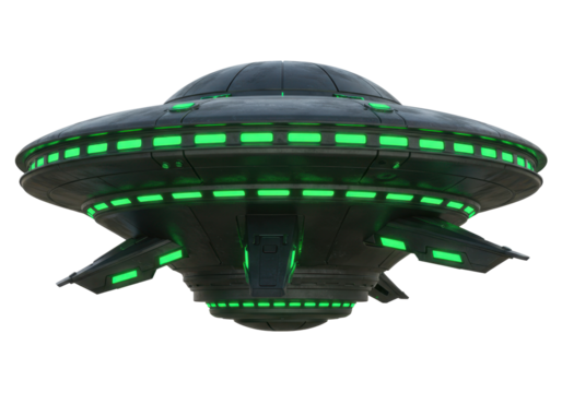 Isolated alien spacecraft flying saucer with glowing green lights, sci-fi fantasy, dark object