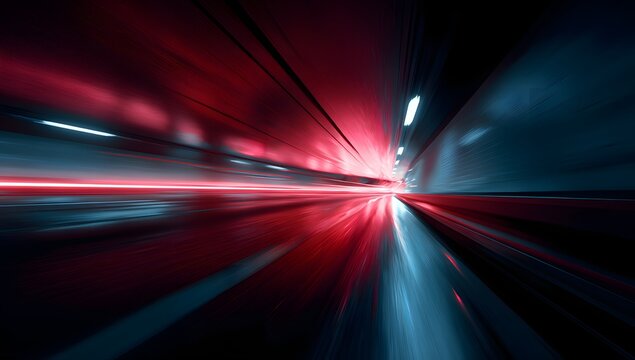 Abstract motion blur streaks of vibrant red and blue light illuminate a dark tunnel creating a sense of speed and futuristic movement
