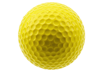 Isolated close up of a yellow dimpled golf ball, macro detail of its surface, sports item