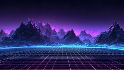 Vast retrofuturistic mountain range illuminated by vibrant neon lights and a digital grid landscape under a starry night sky