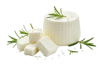 Isolated fresh ricotta cheese and cubed feta decorated with rosemary sprigs and salt crystals