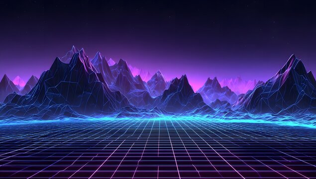 Vast retrofuturistic mountain range illuminated by vibrant neon lights and a digital grid landscape under a starry night sky