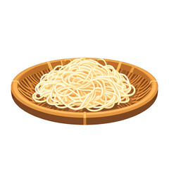 Pixel Art Noodles Pile on Rustic Wooden Plate Culinary Illustration of Simple Prepared Meal Pixelated Noodles on Wooden Dish Digital Still Life