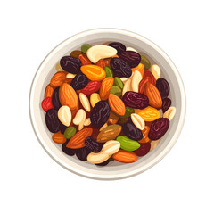 Overhead View of a White Bowl Filled with Colorful Mixed Nuts and Dried Fruits on White Background Pixel Art