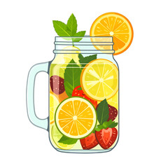 Refreshing Citrus Infusion in Glass Jar with Strawberries and Mint Leaves Pixel Art Style Against White Backdrop