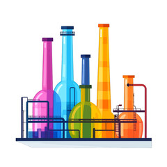 Colorful Chemical Plant Illustration with Tall Smokestacks and Intricate Piping on White Background