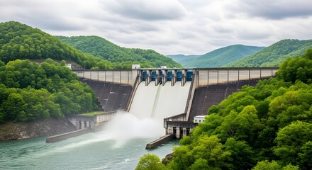 Hydroelectric Dam Surrounded by Lush Green Hills and Cloudy Sky: A Clean Power Source and Renewable Energy Infrastructure