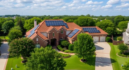 Solar Panels on a Luxurious House Roof: Renewable Energy, Sustainability, and Energy Efficient Home Power Solution