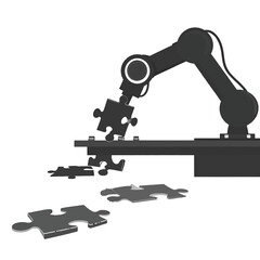 Black Mechanical Arm Assembling Puzzle Pieces Against a Plain White Background With Flat Lighting Illustrating Automation Process and Precision Engineering Concept