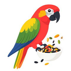 Colorful Scarlet Macaw Perched Eating from White Bowl Filled with Seeds and Nuts with a White Background