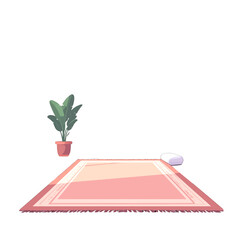 Pixel Art Room Interior with Pink Rug Potted Plant and Pillow on White Background