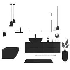 Minimalist Interior Design Featuring Dark Sink Vanity With Potted Plant Accents Under Geometric Pendant Lights and Toilet Against a White Backdrop