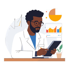 Focused African Descent Researcher Analyzing Data with Graphs and Charts in White Lab Coat at Wooden Desk Against Light Background