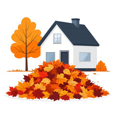 Cartoon House Illustration with Pile of Autumn Leaves and Vibrant Tree Against White Background Representing Seasonal Change and Yard Work