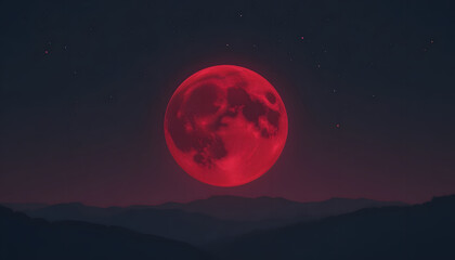 Deep crimson moon rising over dark gradient horizon with twinkling micro stars