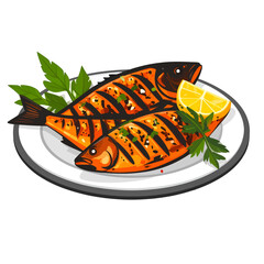 Grilled Fish with Lemon and Parsley on Plate Pixel Art Illustration
