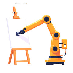Orange Robotic Arm Painting on Easel with White Canvas and Soft Lighting in a Studio Setting