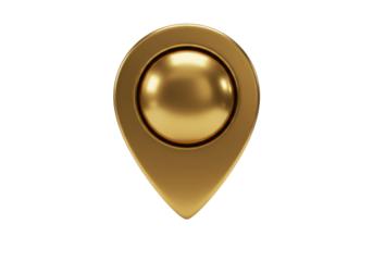 Isolated golden map pin, navigation location pointer, travel route marker, GPS coordinate