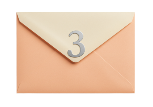 Isolated peach envelope with silver number three, modern design for mailing communications