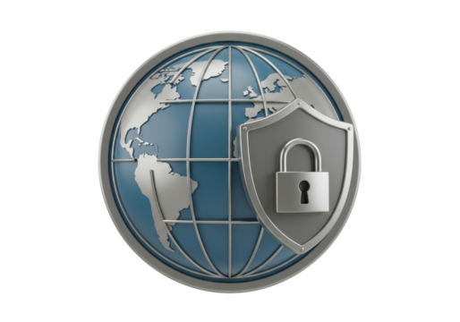 Isolated global network security concept showing lock and shield, safe web data access icon