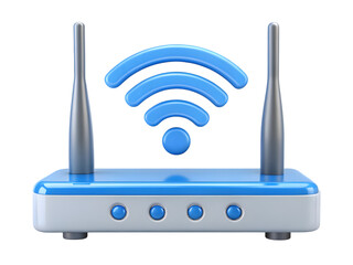 Modern wireless router with glowing blue wi fi signal waves and antennas isolated on transparent background