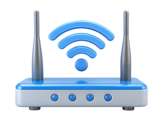 Modern wireless router with glowing blue wi fi signal waves and antennas isolated on transparent background