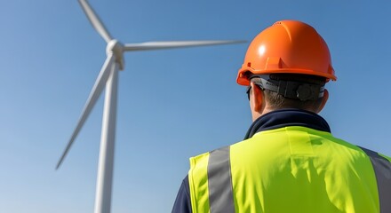 Wind Turbine Energy Engineer Renewable Power Worker Overlooking Windmill Green Energy Sector Professional with Orange Helmet and Safety Vest